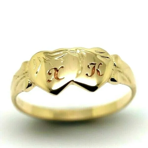 Genuine 9ct 9k Yellow, Rose or White Gold Double Heart Signet Ring   Engraving 2 initials