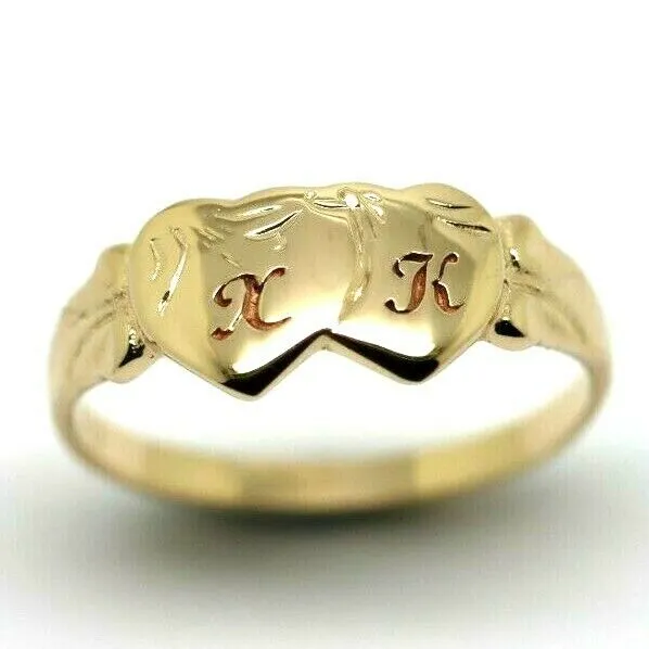 Genuine 9ct 9k Yellow, Rose or White Gold Double Heart Signet Ring   Engraving 2 initials