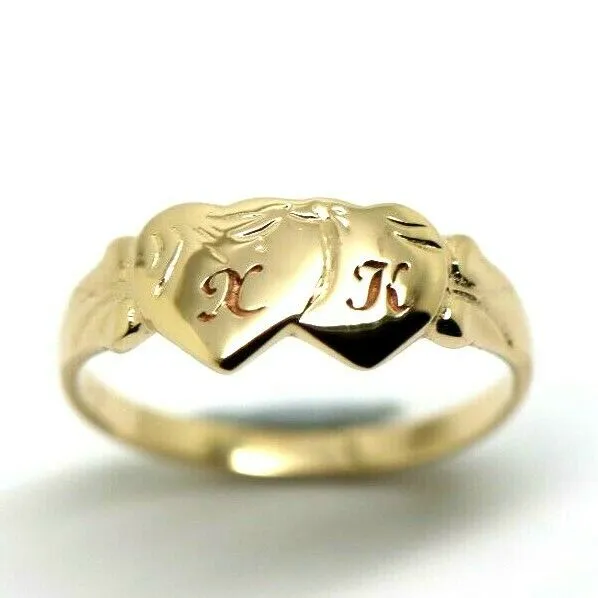 Genuine 9ct 9k Yellow, Rose or White Gold Double Heart Signet Ring   Engraving 2 initials