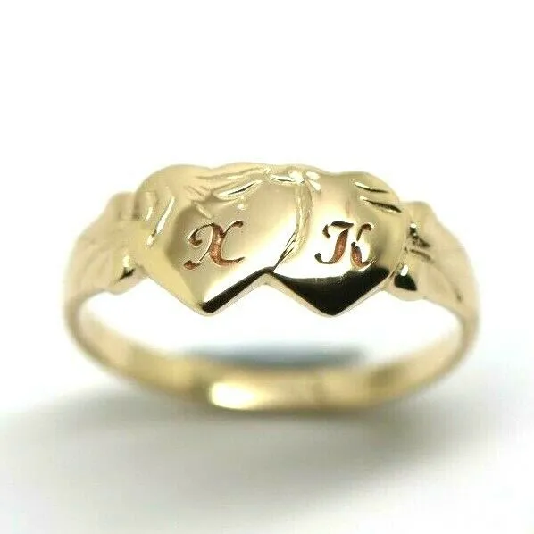 Genuine 9ct 9k Yellow, Rose or White Gold Double Heart Signet Ring   Engraving 2 initials