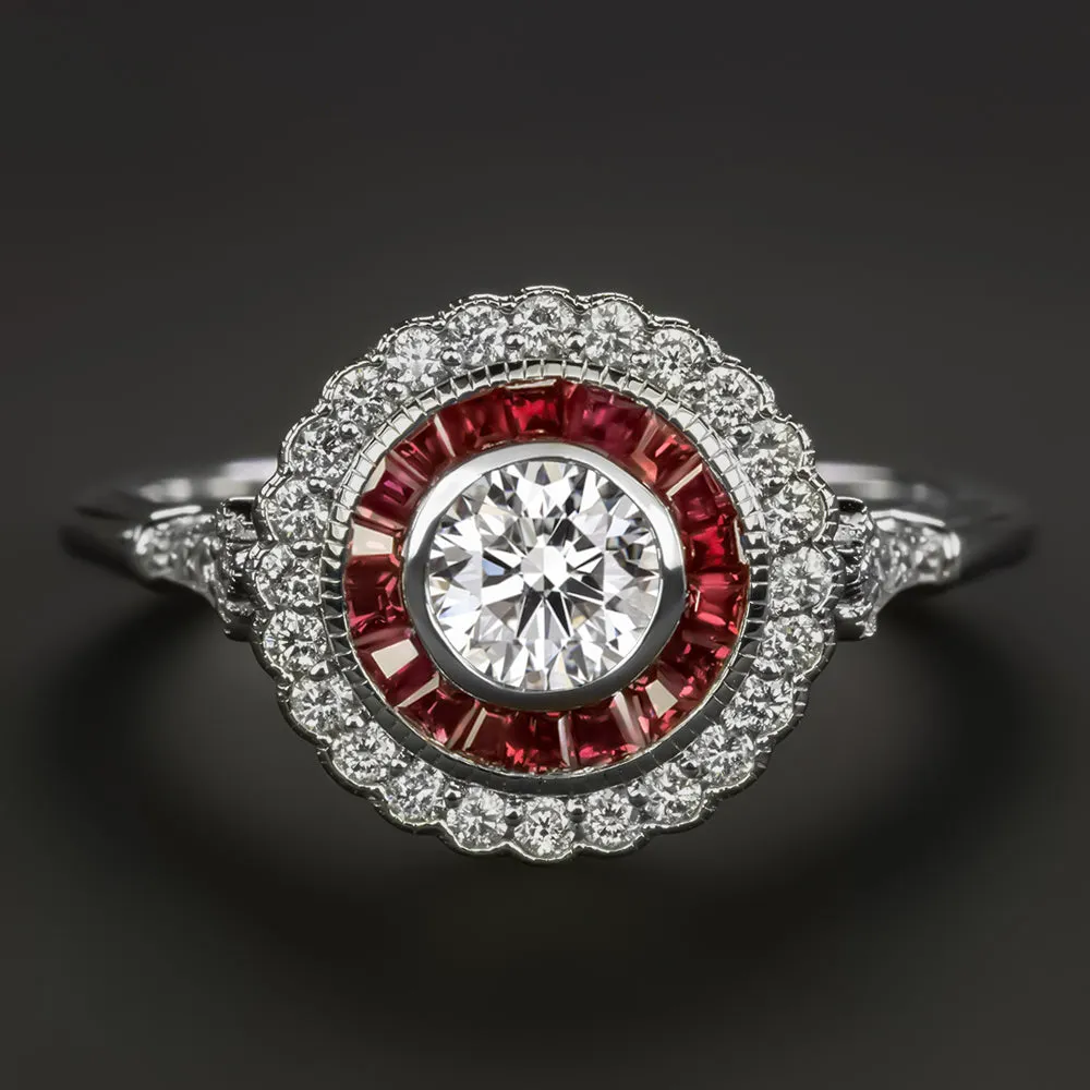 GIA CERTIFIED DIAMOND RUBY COCKTAIL RING VINTAGE STYLE HALO WHITE GOLD CALIBRE