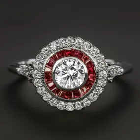 GIA CERTIFIED DIAMOND RUBY COCKTAIL RING VINTAGE STYLE HALO WHITE GOLD CALIBRE