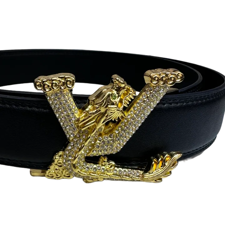 Gold Black Men's Fancy Design Belt Diamonds Stone Gold Buckle