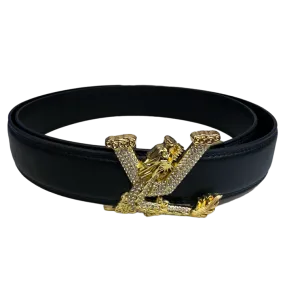 Gold Black Men's Fancy Design Belt Diamonds Stone Gold Buckle