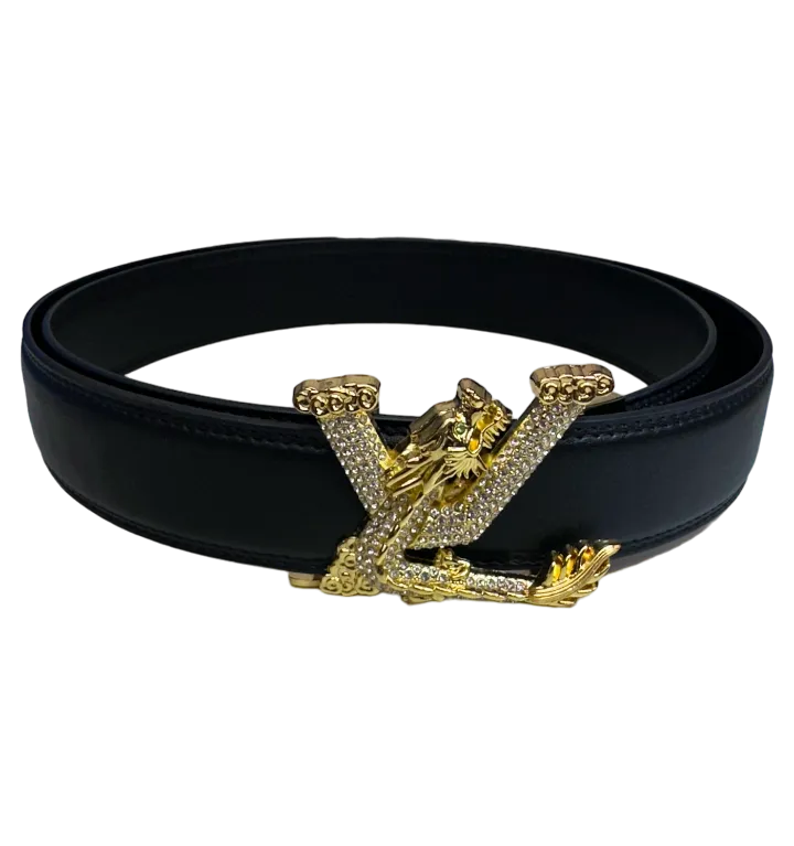 Gold Black Men's Fancy Design Belt Diamonds Stone Gold Buckle