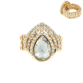 Gold Color Teardrop Crystal Gem Tipple Halo Stretch Ring