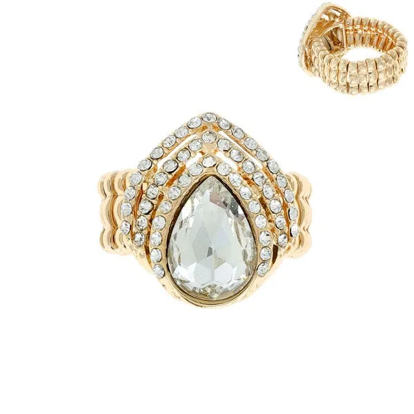 Gold Color Teardrop Crystal Gem Tipple Halo Stretch Ring