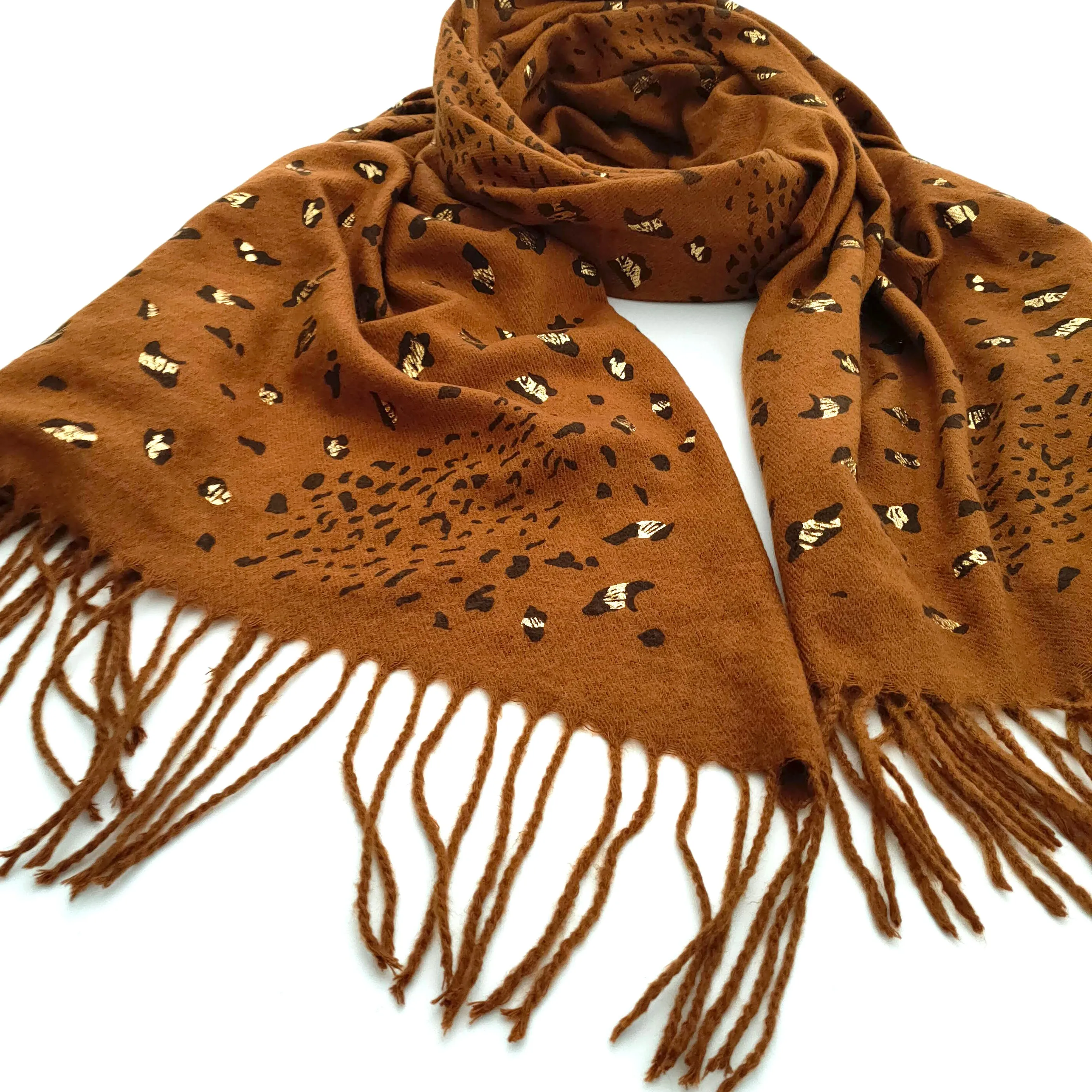 Gold Glittery Animal Print Scarf w/ Tassels