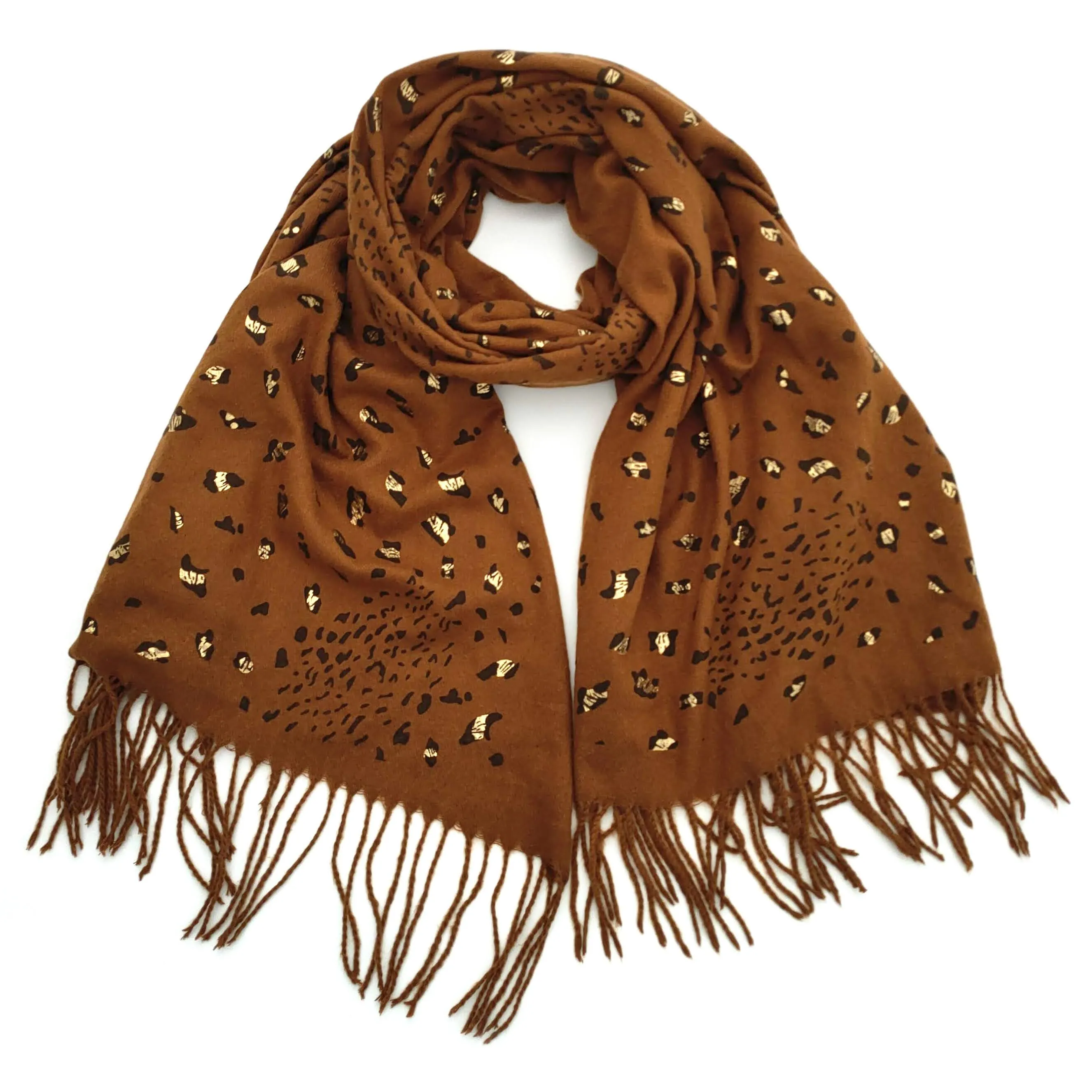 Gold Glittery Animal Print Scarf w/ Tassels