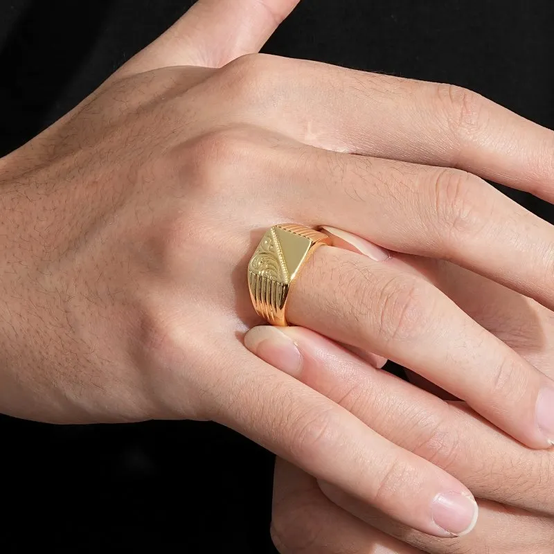 Gold Ornate Square Signet Ring Size Q Adjustable