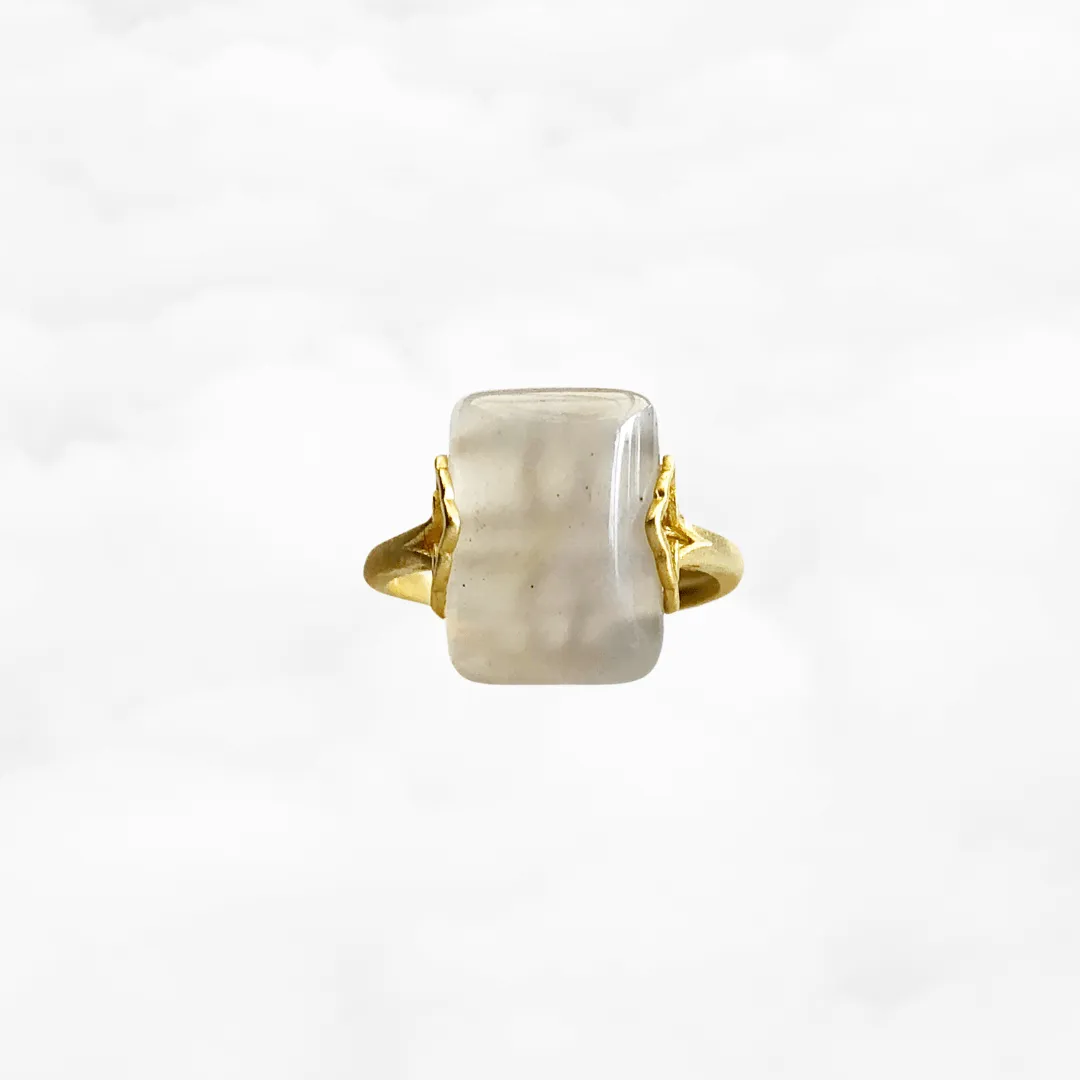 Gold Rectangle White Agate Ring
