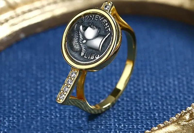 Greek Deity Roman Coin Ring - 18K Gold Tone 925 Silver Vintage