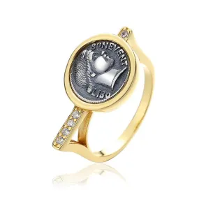 Greek Deity Roman Coin Ring - 18K Gold Tone 925 Silver Vintage