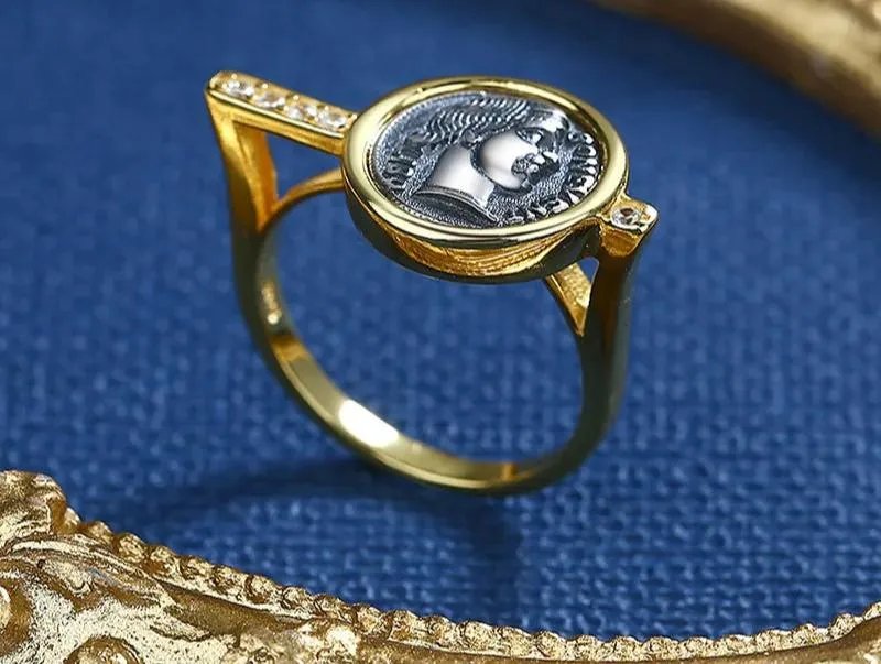 Greek Deity Roman Coin Ring - 18K Gold Tone 925 Silver Vintage