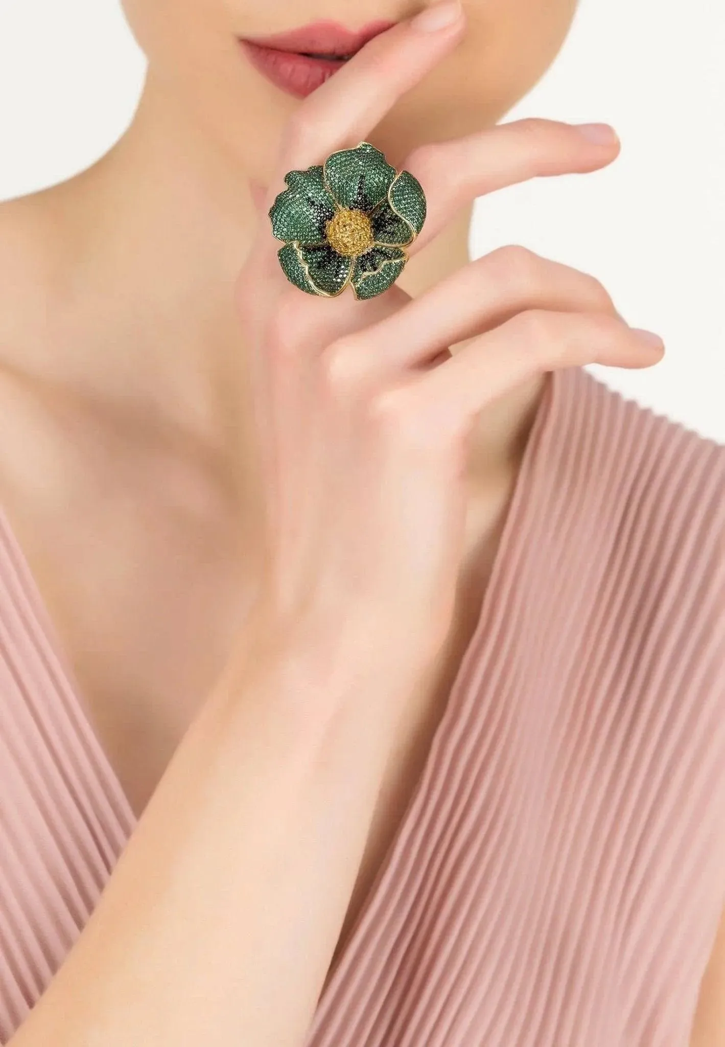Green Poppy Flower Ring Gold Plated