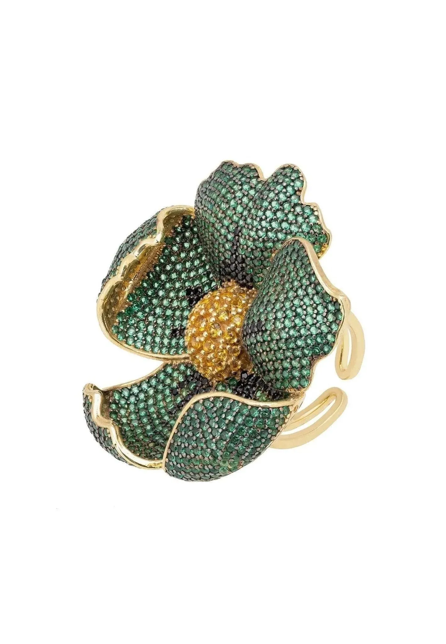 Green Poppy Flower Ring Gold Plated