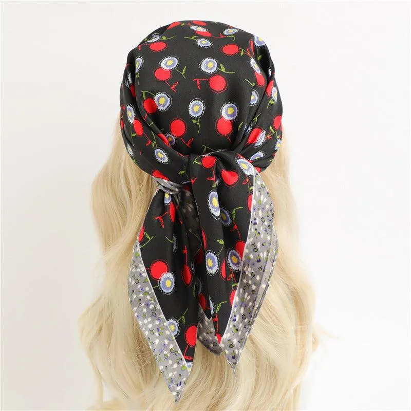 Grenn Small Flora 70cm square scarf, Silk textured scarf, Sun protection satin scarf, Neck scarf, Satin Shawl, Gift