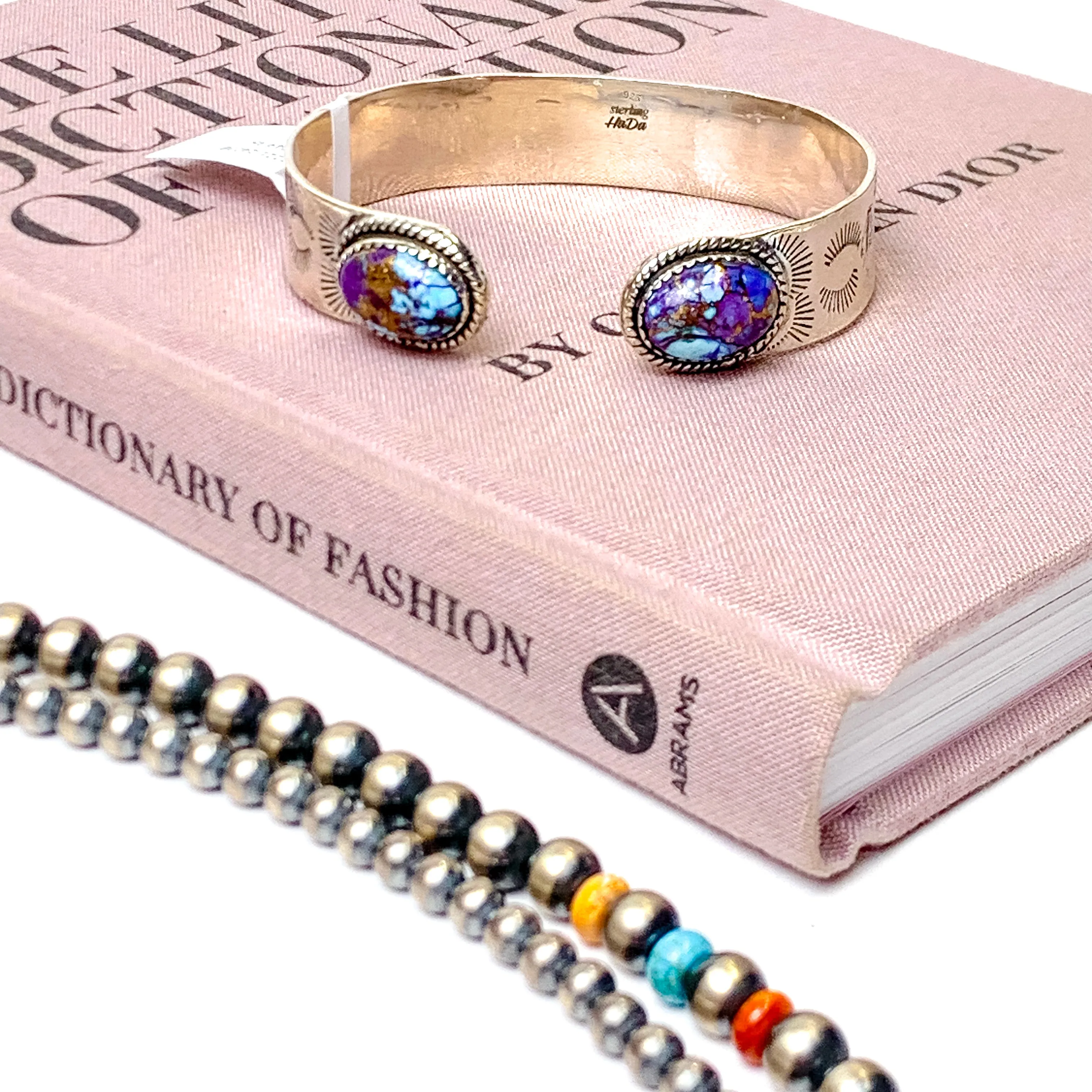 Hada Collection | Handmade Etched Sterling Silver Cuff Bracelet with Purple Mojave Remix Stones