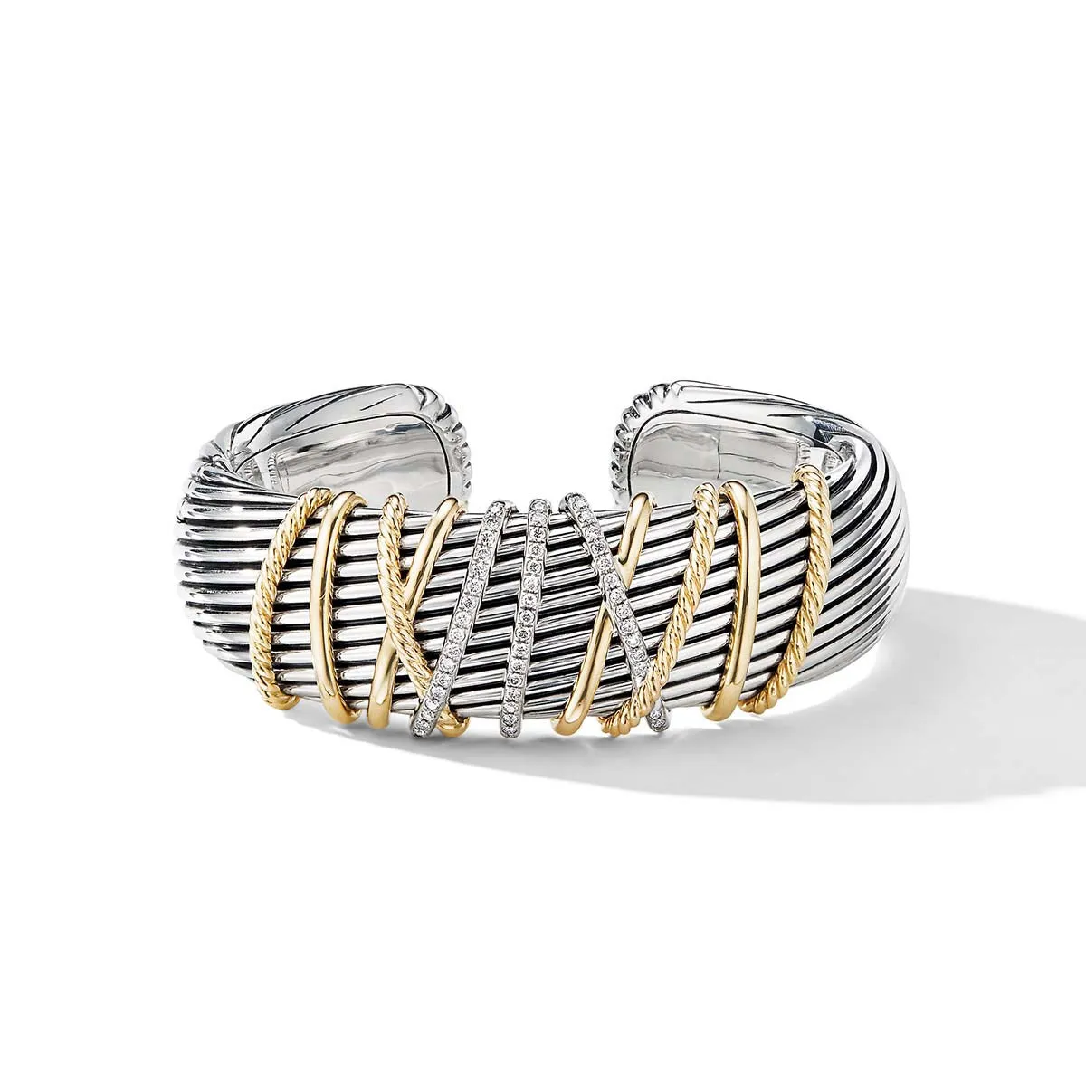 Helena Cuff Bracelet in Sterling Silver with 18K Yellow Gold and Pave Diamonds