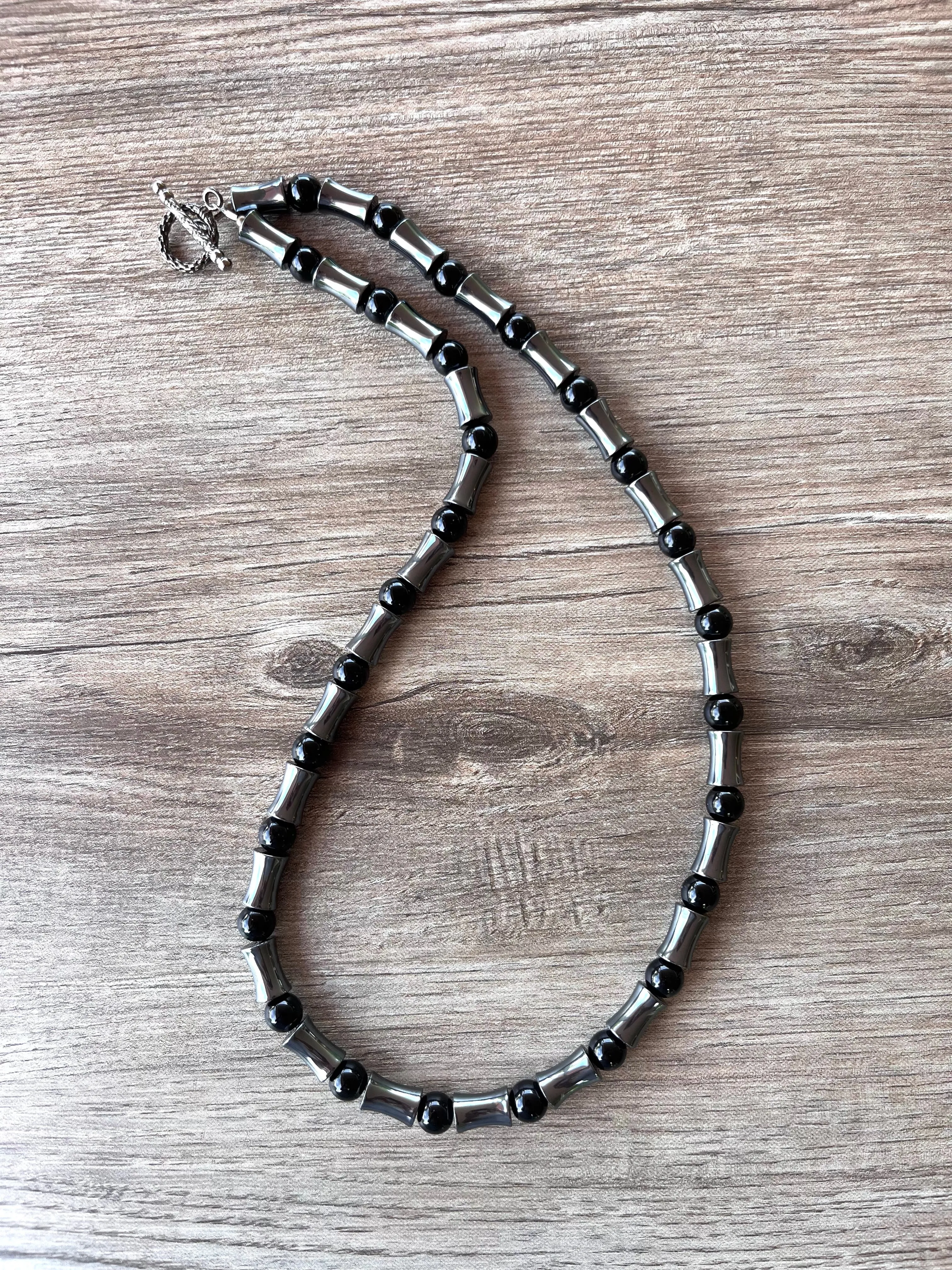 Hematite Onyx Gray Black Beaded Long Mens Necklace - Jayce