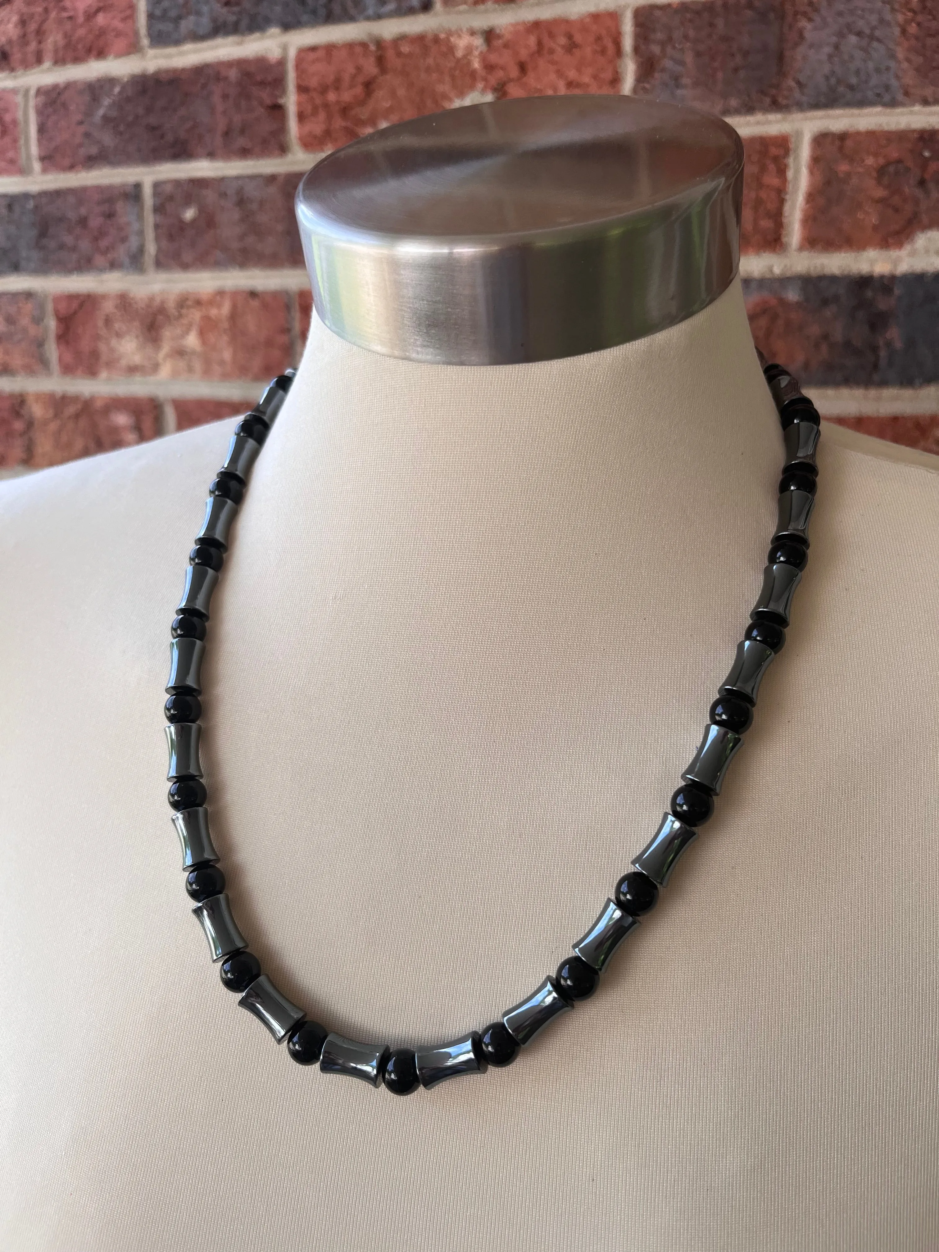 Hematite Onyx Gray Black Beaded Long Mens Necklace - Jayce