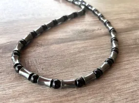 Hematite Onyx Gray Black Beaded Long Mens Necklace - Jayce