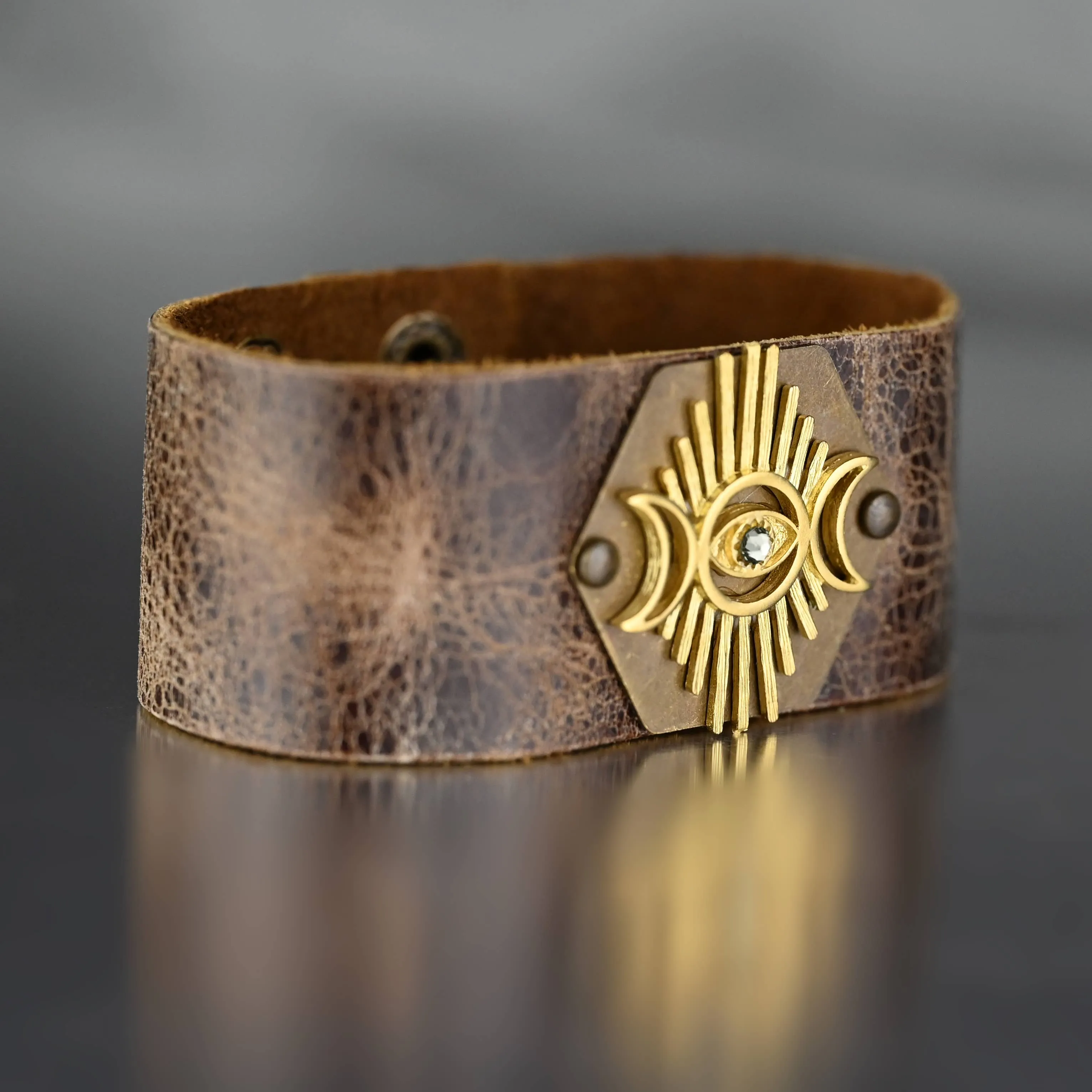 KBD Studio Evil Eye Crescent Moon Leather Cuff
