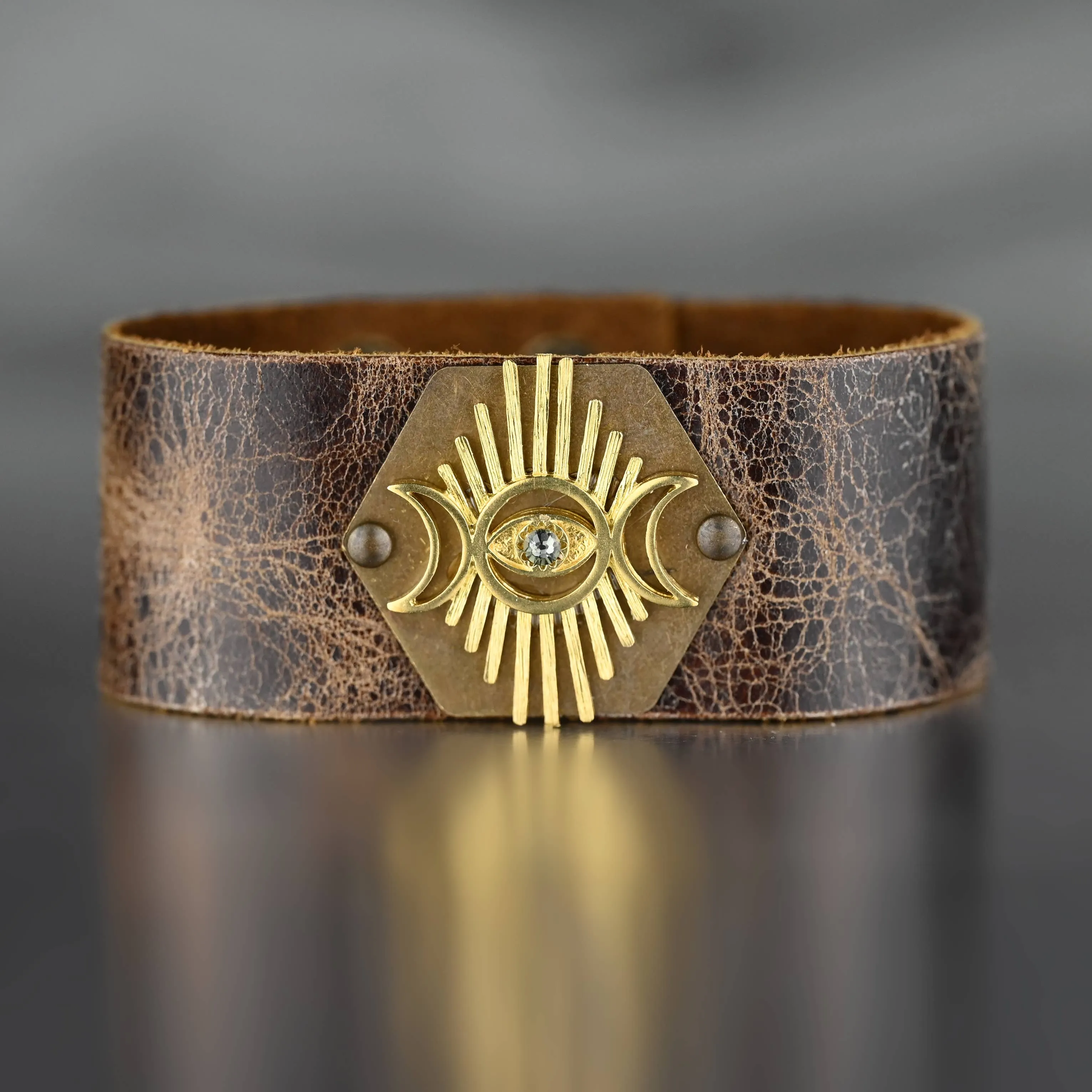 KBD Studio Evil Eye Crescent Moon Leather Cuff