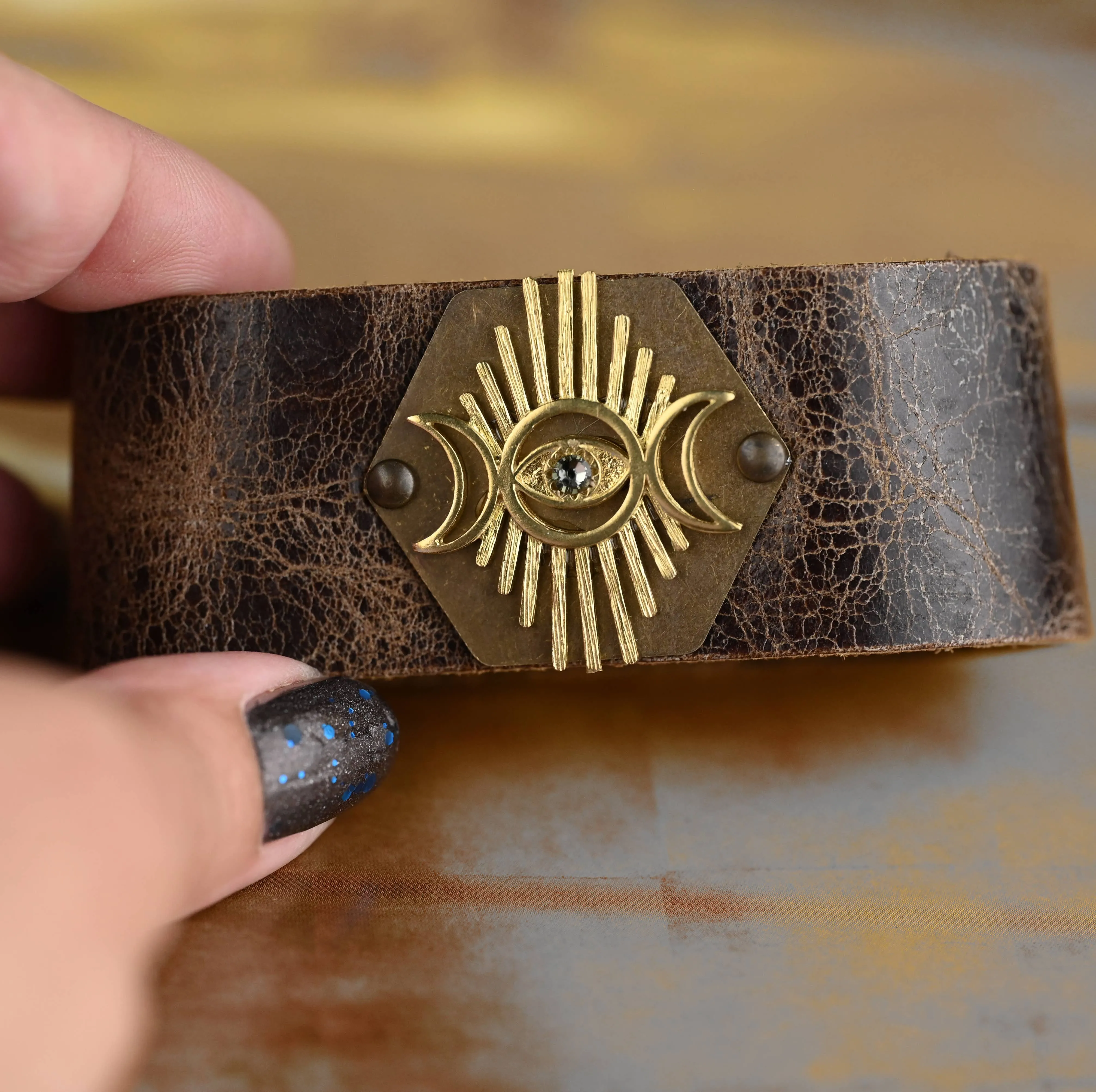 KBD Studio Evil Eye Crescent Moon Leather Cuff