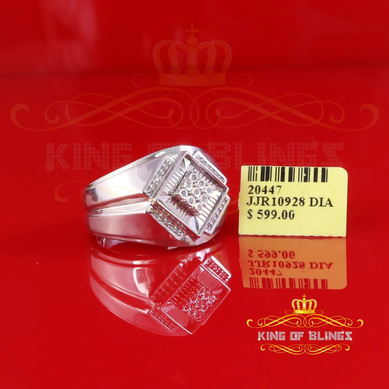 King Of Bling's 925 Sterling Silver White 0.09ct Round Cut Men's Solitaire Diamond Ring SZ 10