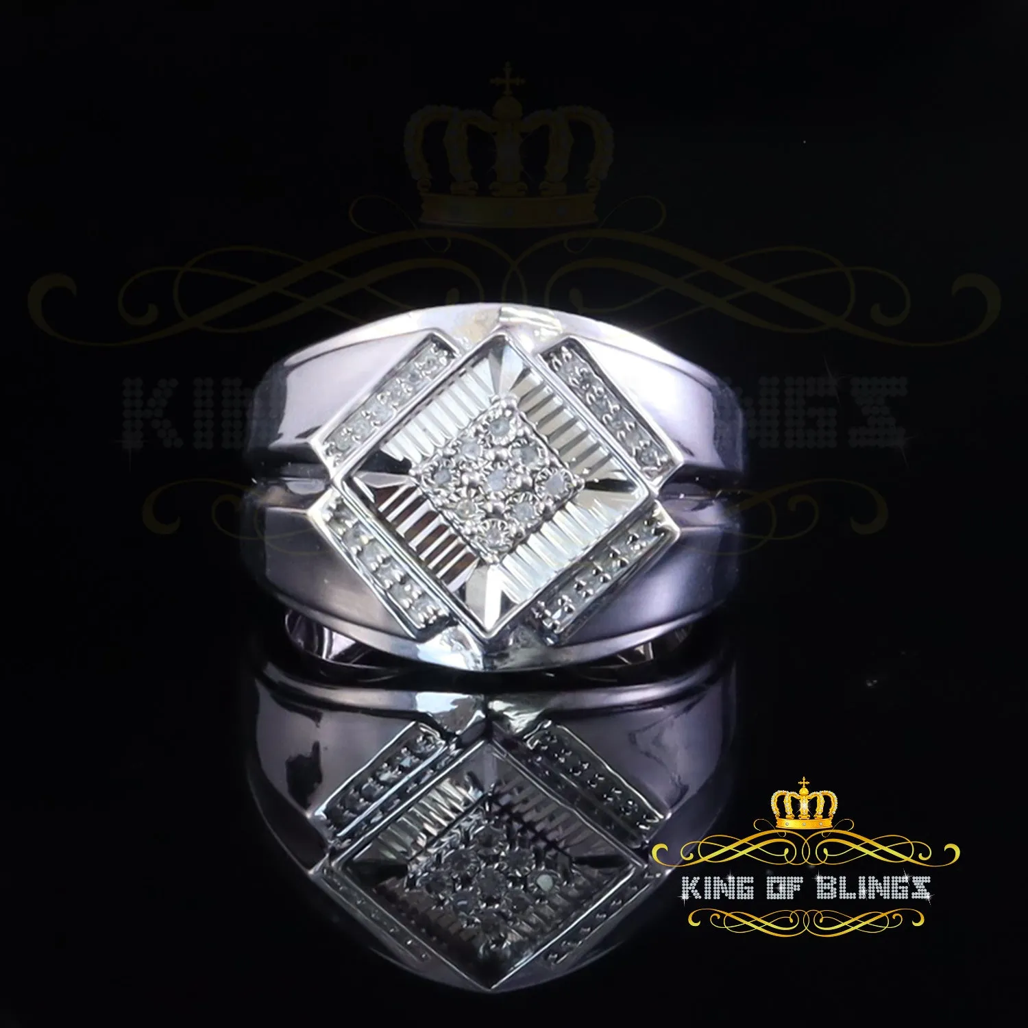 King Of Bling's 925 Sterling Silver White 0.09ct Round Cut Men's Solitaire Diamond Ring SZ 10