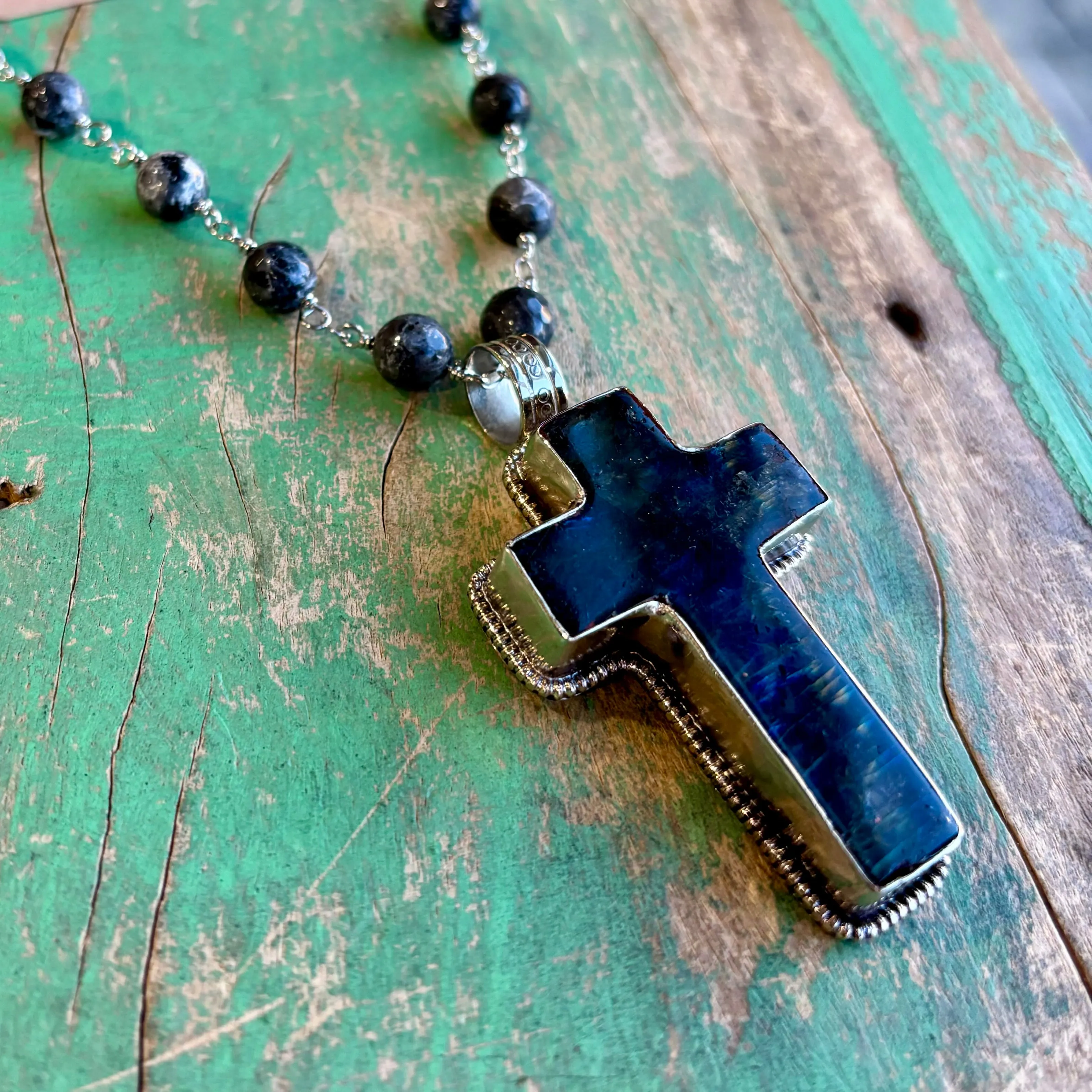 Labradorite Cross Long Necklace or Earrings