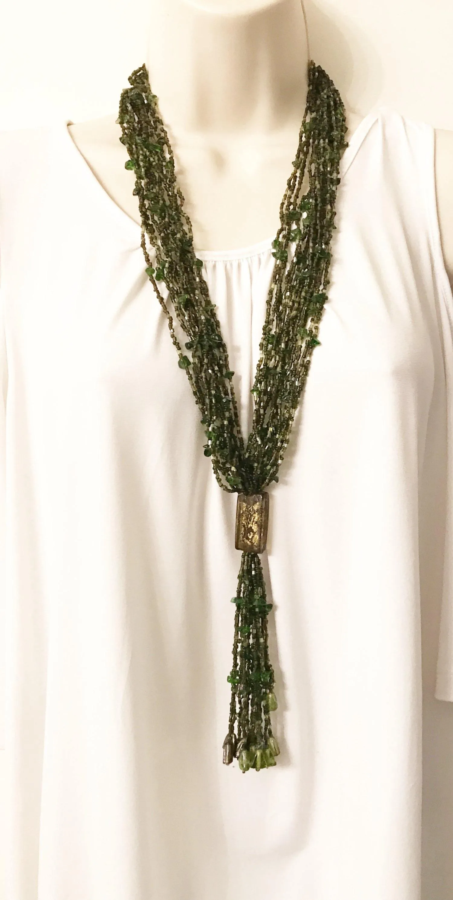 Long 1920s-30s Green Multi Strand Glass Beads Necklace