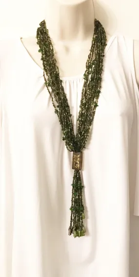 Long 1920s-30s Green Multi Strand Glass Beads Necklace