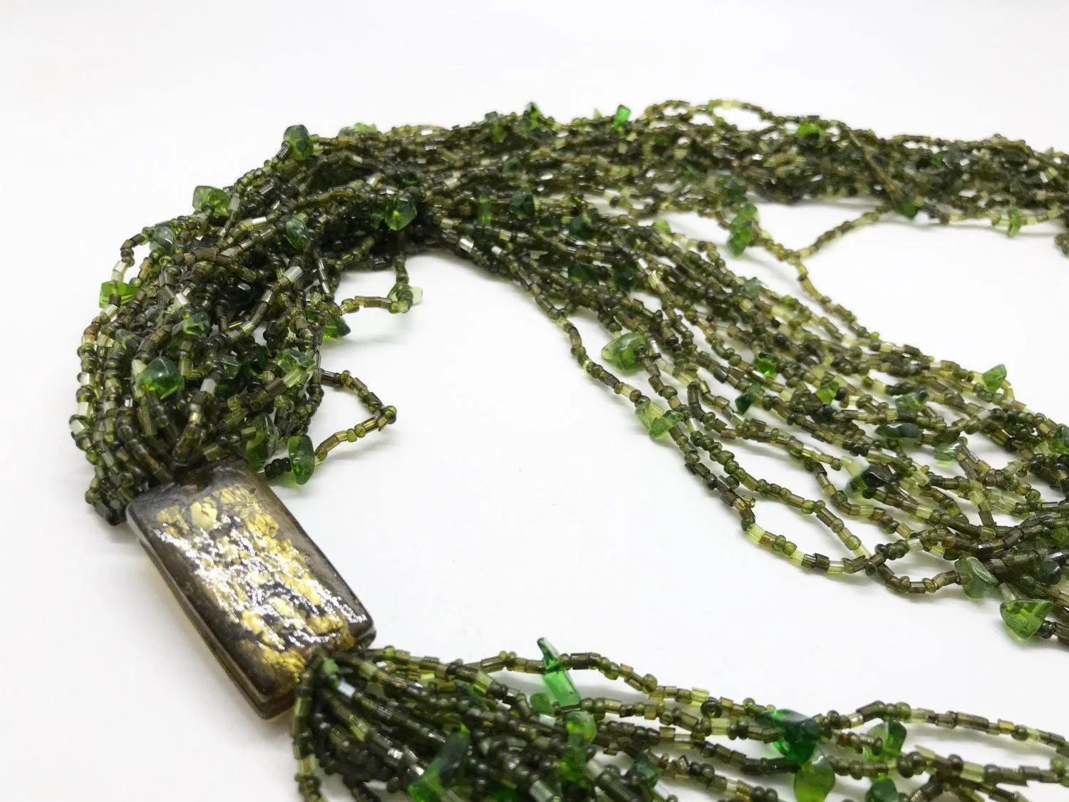 Long 1920s-30s Green Multi Strand Glass Beads Necklace