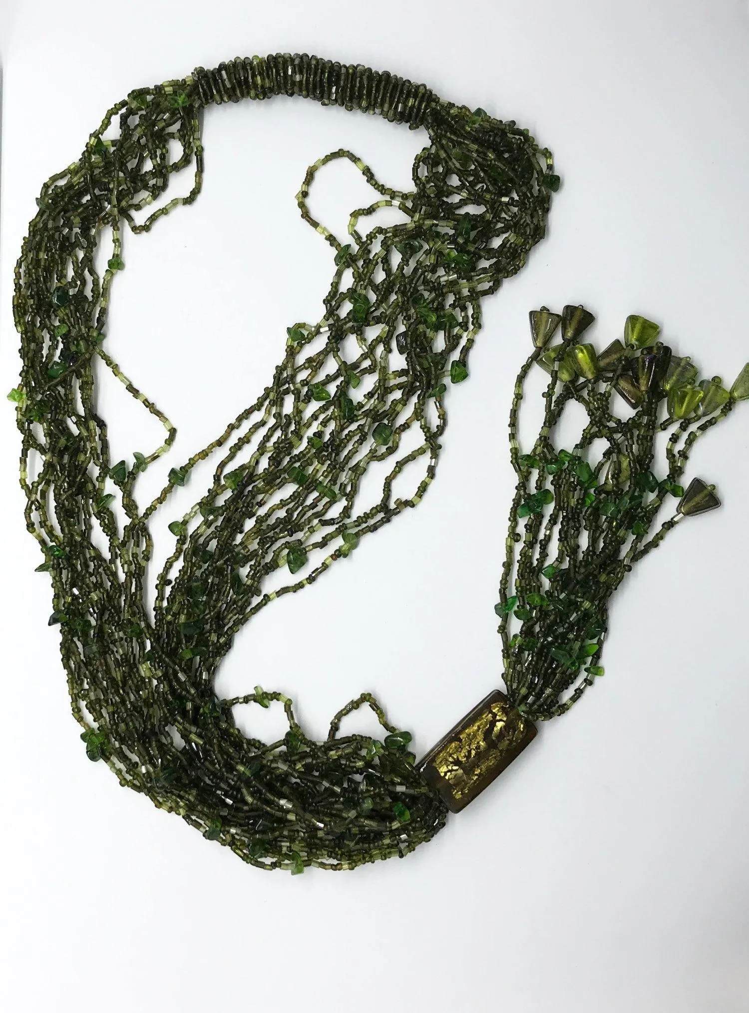 Long 1920s-30s Green Multi Strand Glass Beads Necklace
