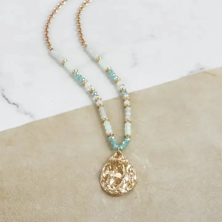 Long Beaded Necklace with Golden Teardrop Pendant
