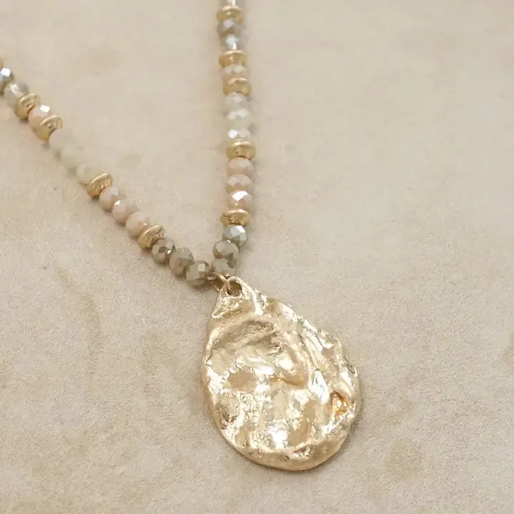 Long Beaded Necklace with Golden Teardrop Pendant