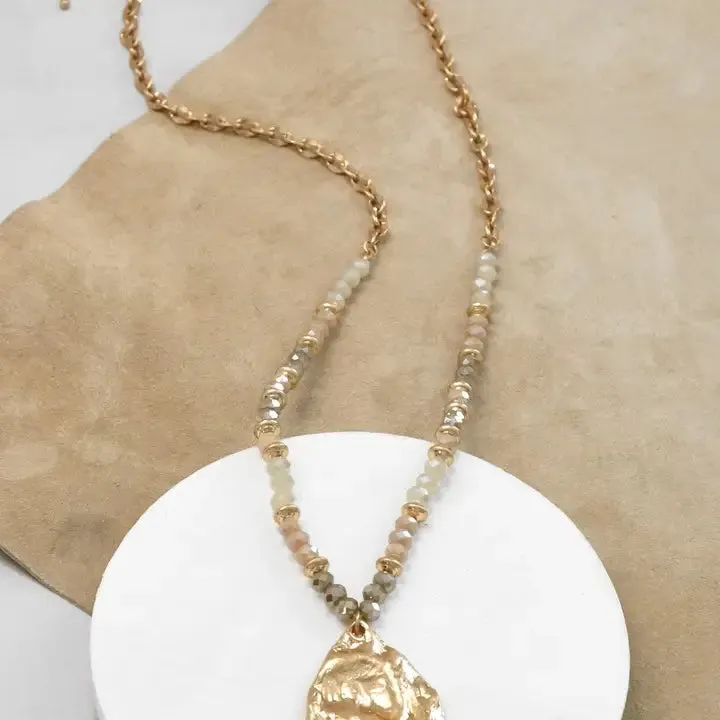 Long Beaded Necklace with Golden Teardrop Pendant