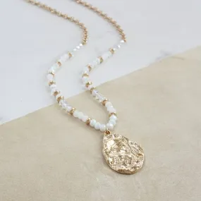 Long Beaded Necklace with Golden Teardrop Pendant