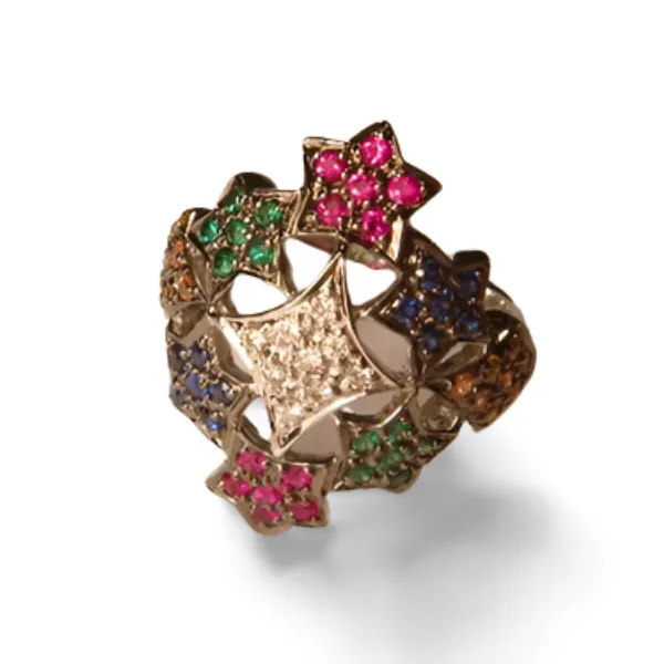 Magnificent 18K White Gold Diamond Multi-Color Sapphire Stars Cocktail Ring