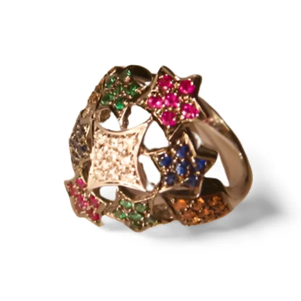 Magnificent 18K White Gold Diamond Multi-Color Sapphire Stars Cocktail Ring
