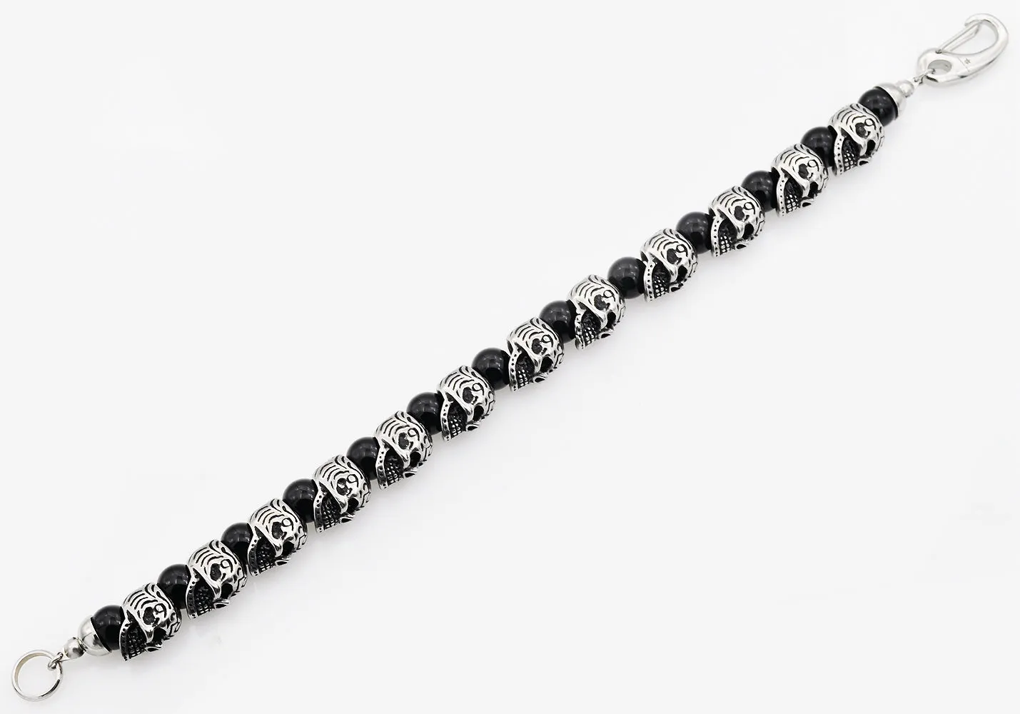 Mens Genuine Onyx Stainless Steel Skull Beaded Bracelet