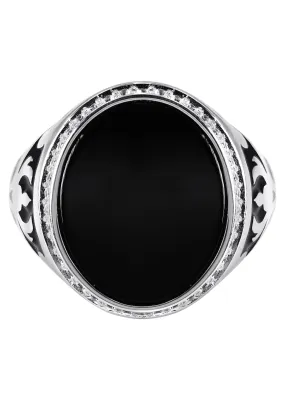 Mens Silver Round Onyx Signet Ring | Appx 7 Grams