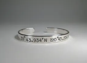 Men's Sterling Silver Cuff w/ Latitude & Longitude, 8mm, Large Text