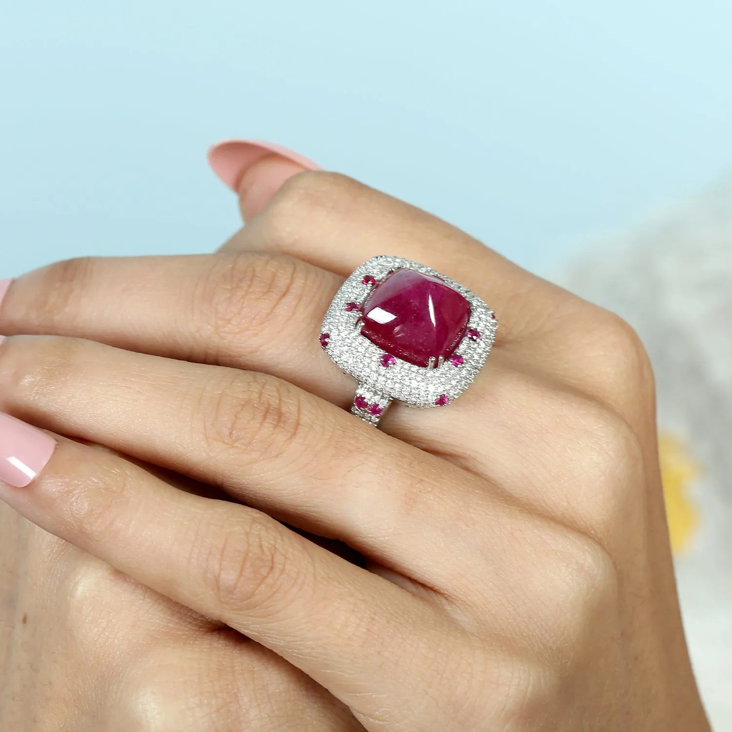 Micro Pave Diamond  Ruby Designer Cocktail Wedding Gift Ring In 18k Gold Ring