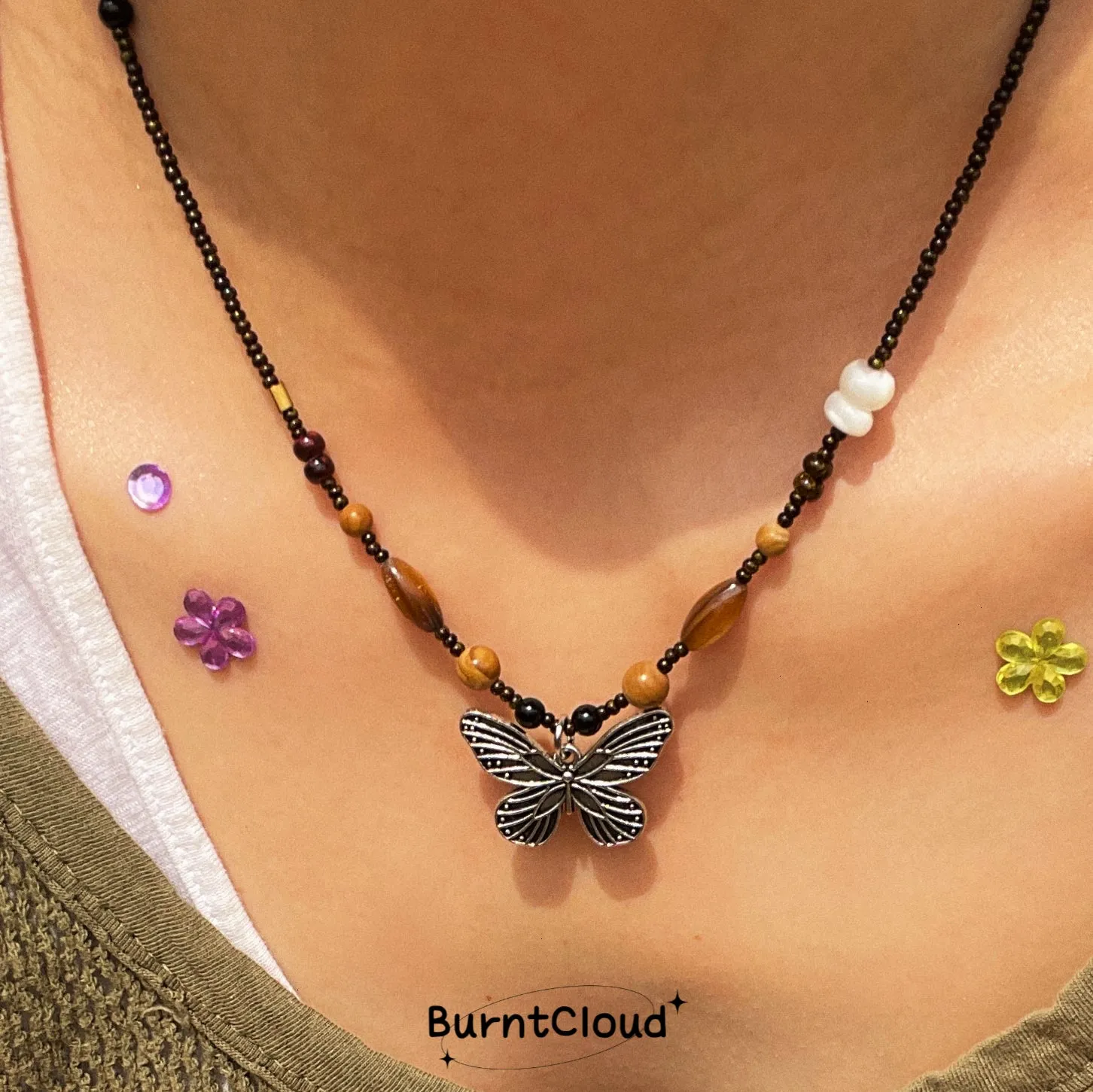 N5 Antique Silver Butterfly Beaded Brown Necklace