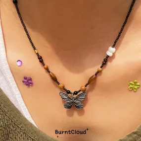 N5 Antique Silver Butterfly Beaded Brown Necklace