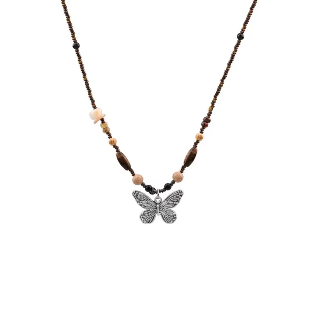 N5 Antique Silver Butterfly Beaded Brown Necklace