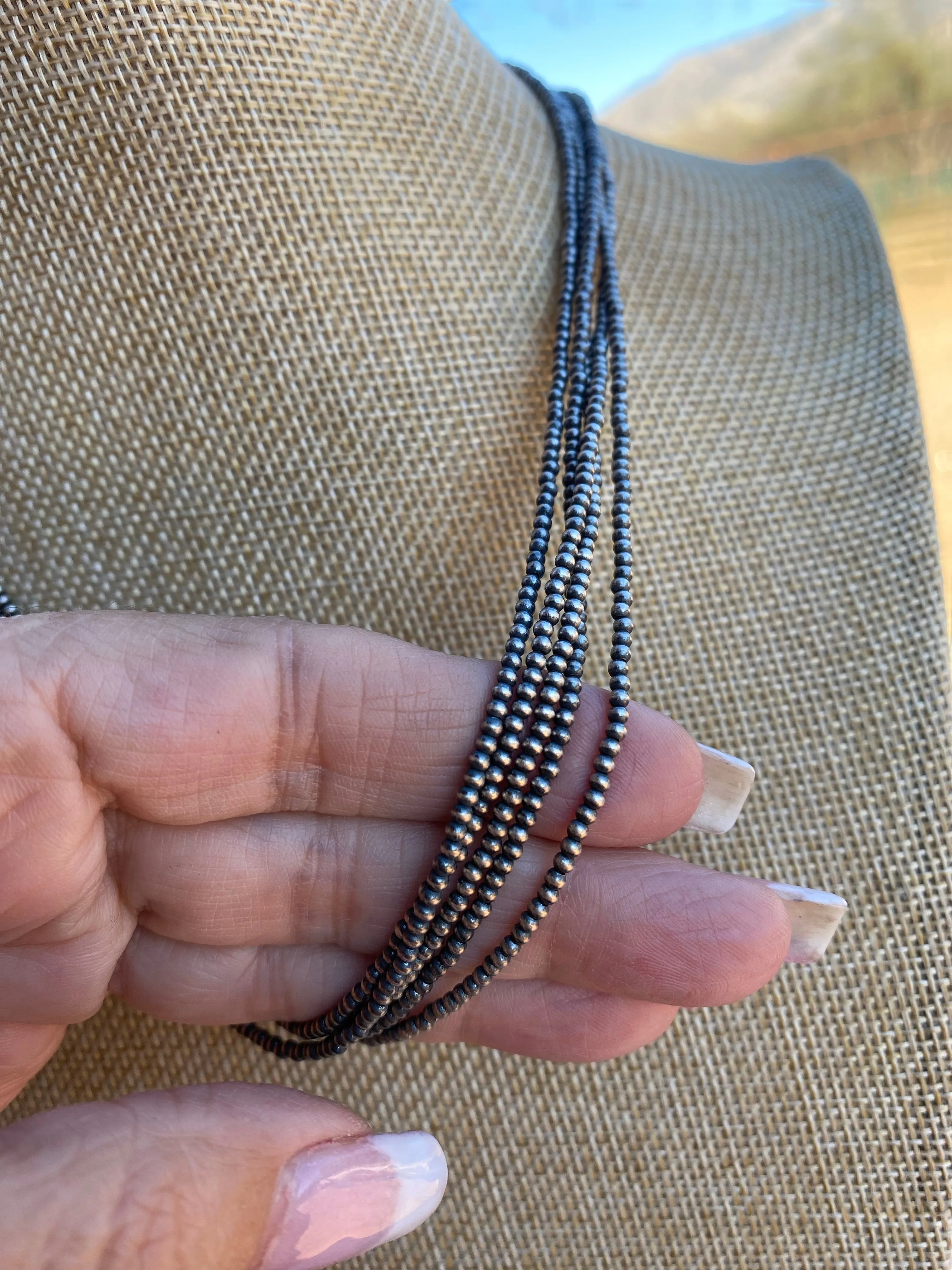 Native Jewelry -2mm Sterling Silver  Pearl Beaded 24” Necklace